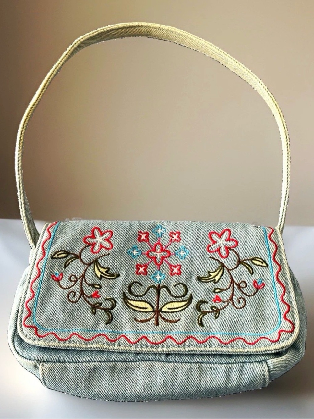 Vtg Q&A Y2K Denim Mini Shoulder Bag Embroidered Floral Boho Fairycore 90s